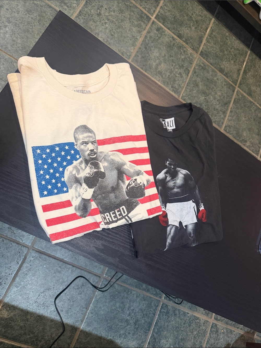 2 Ts XL and L Creed Graphic Tee – White / Black Boxer Print